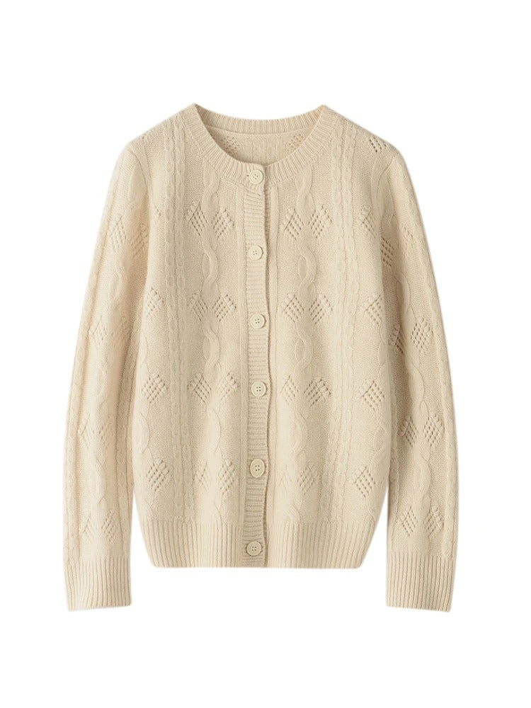 Women’s 100% Merino Wool O‑Neck Hollow‑Out Cardigan – Vintage Knit Layer, Lightweight & Chic – Free Worldwide Shipping