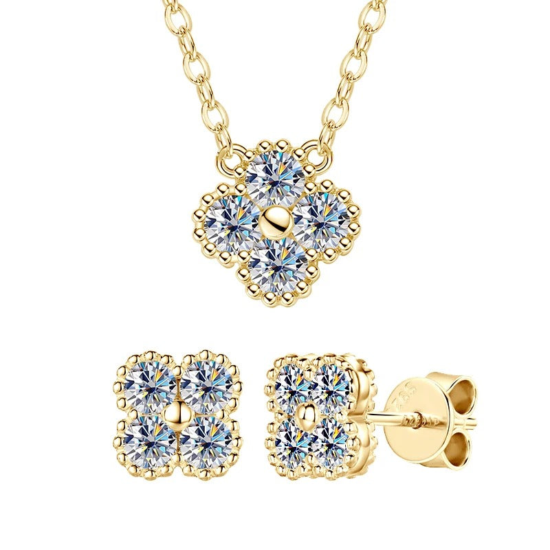 18K Gold Plated 925 Sterling Silver Moissanite Jewelry Set – 3-in-1 Necklace, Earrings & Bracelet with Four Leaf Clover Charm – Women’s Anniversary & Gift