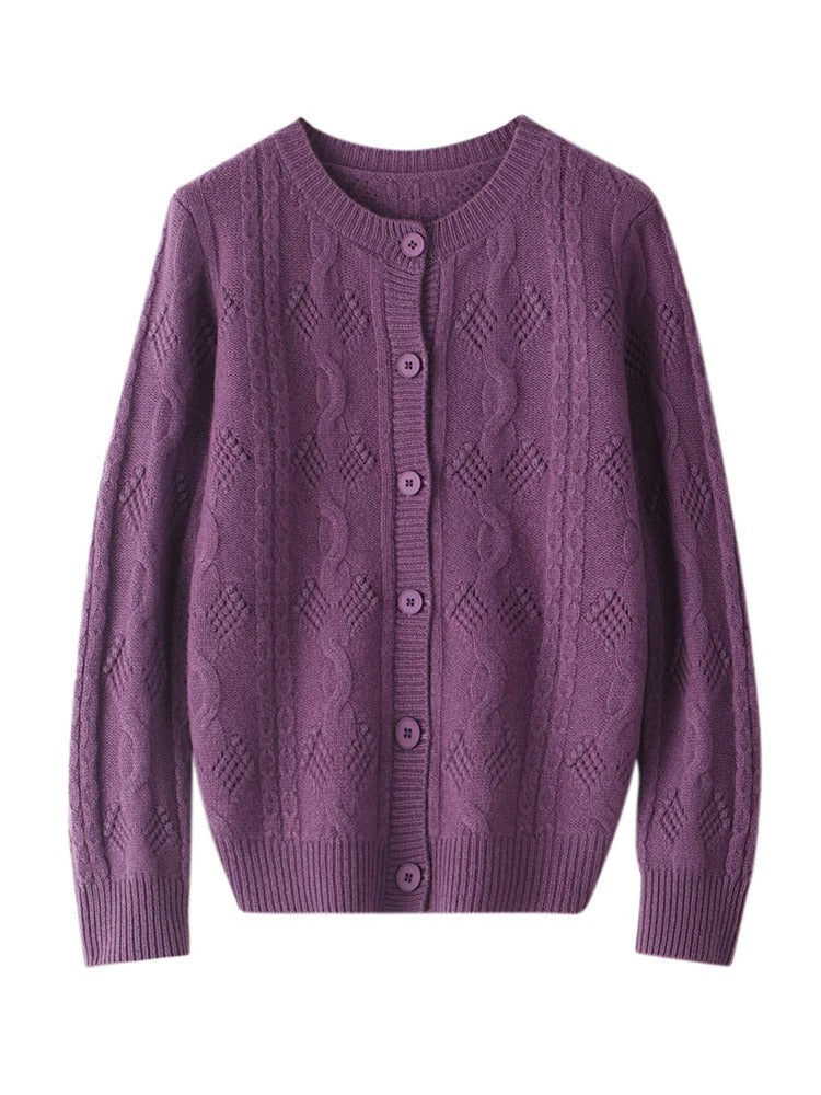 Women’s 100% Merino Wool O‑Neck Hollow‑Out Cardigan – Vintage Knit Layer, Lightweight & Chic – Free Worldwide Shipping