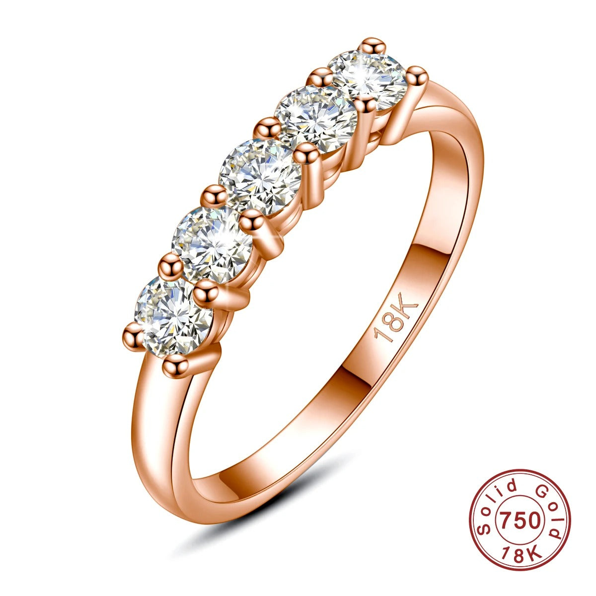 Certified 18K Solid Gold Moissanite 5‑Stone Ring for Women – Luxury Engagement / Wedding Gift