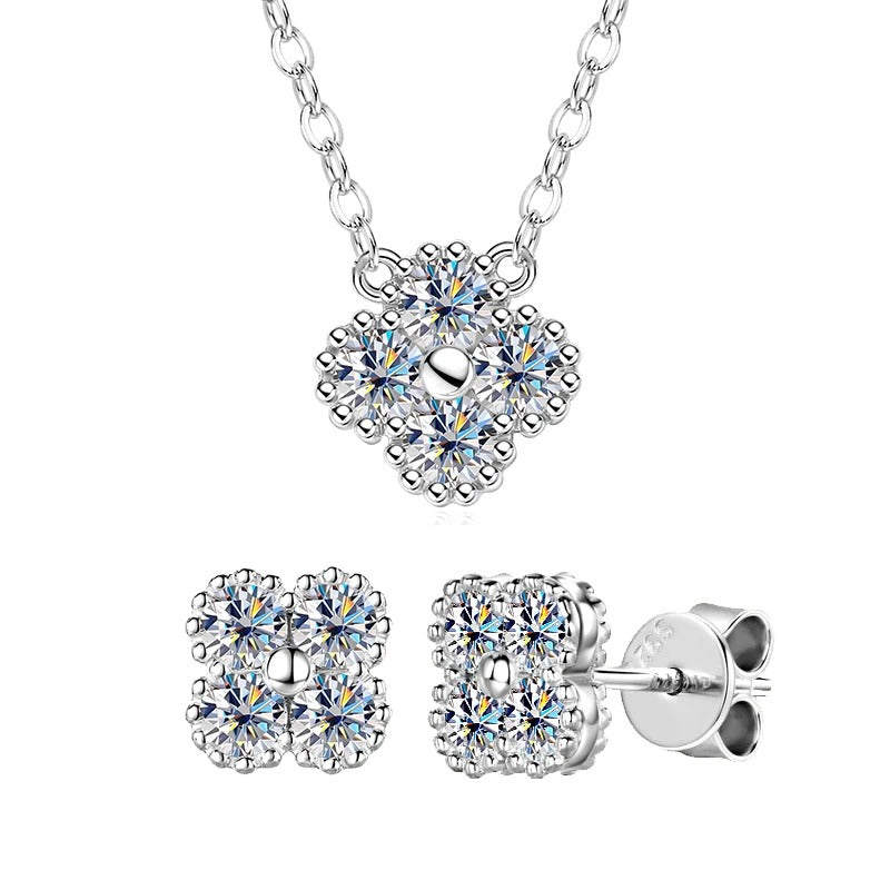 18K Gold Plated 925 Sterling Silver Moissanite Jewelry Set – 3-in-1 Necklace, Earrings & Bracelet with Four Leaf Clover Charm – Women’s Anniversary & Gift