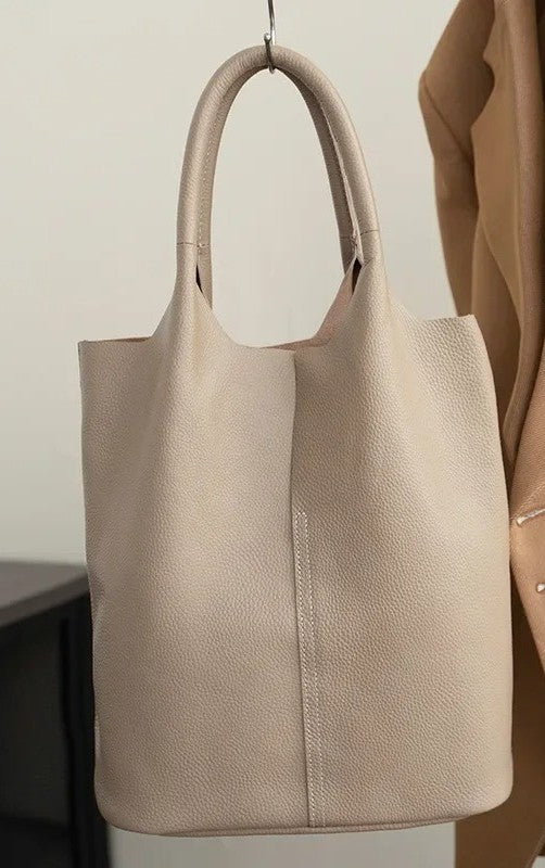Luxury Genuine Leather Tote Bag for Women – Soft Cowhide Designer Shoulder Bucket Handbag Large Commuter Tote