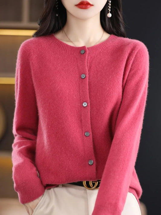Women’s 100% Merino Wool O‑Neck Cardigan – High‑End Button‑Front Knit, All‑Season Versatile Layer