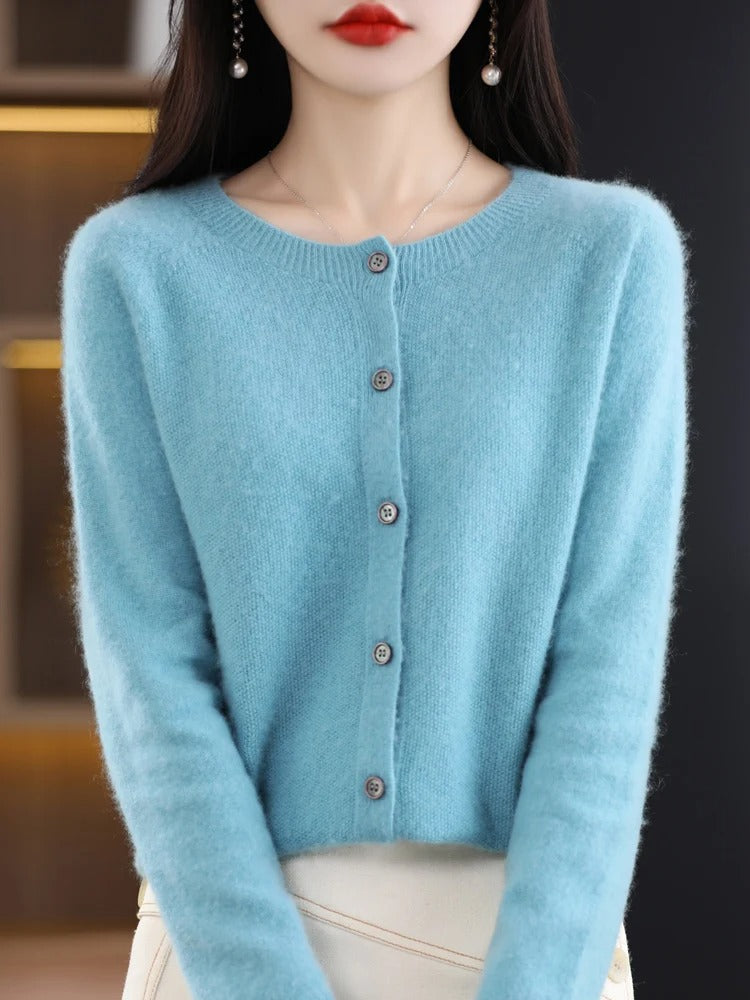 Women’s 100% Merino Wool O‑Neck Cardigan – High‑End Button‑Front Knit, All‑Season Versatile Layer