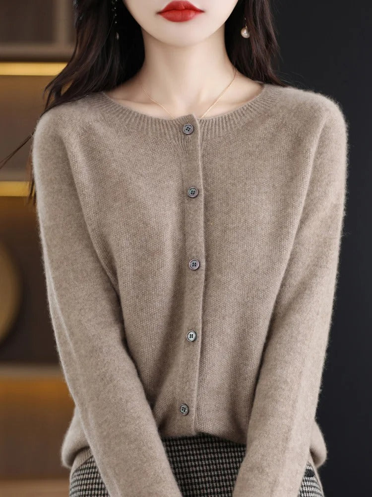 Women’s 100% Merino Wool O‑Neck Cardigan – High‑End Button‑Front Knit, All‑Season Versatile Layer