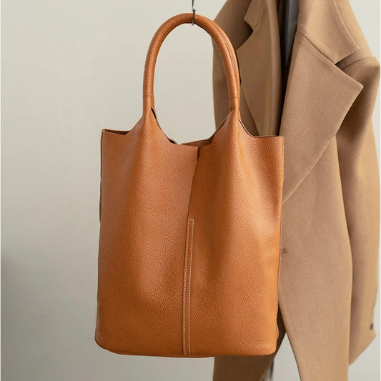 Luxury Genuine Leather Tote Bag for Women – Soft Cowhide Designer Shoulder Bucket Handbag Large Commuter Tote
