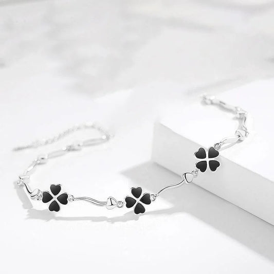 Elegant 925 Sterling Silver Black Clover Flower Bracelet – Charm Jewellery for Women