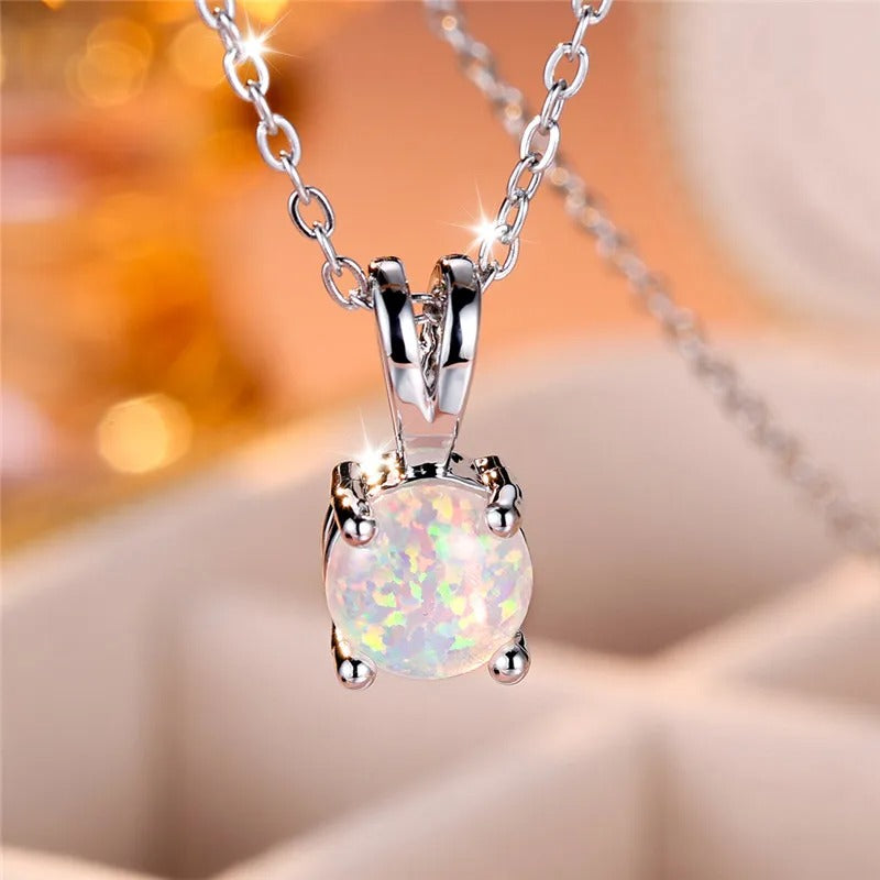 Blue & White Fire Opal Round Pendant Necklace — Vintage Silver Tone Wedding Jewelry Gift for Women