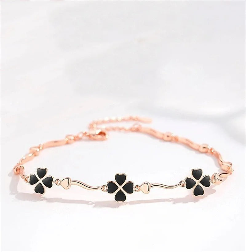 Elegant 925 Sterling Silver Black Clover Flower Bracelet – Charm Jewellery for Women