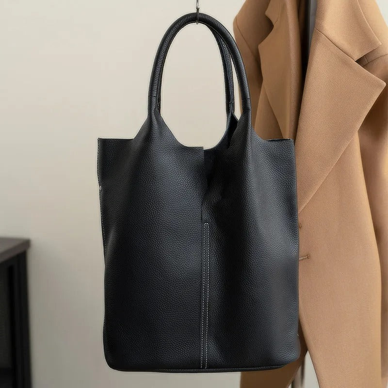 Luxury Genuine Leather Tote Bag for Women – Soft Cowhide Designer Shoulder Bucket Handbag Large Commuter Tote
