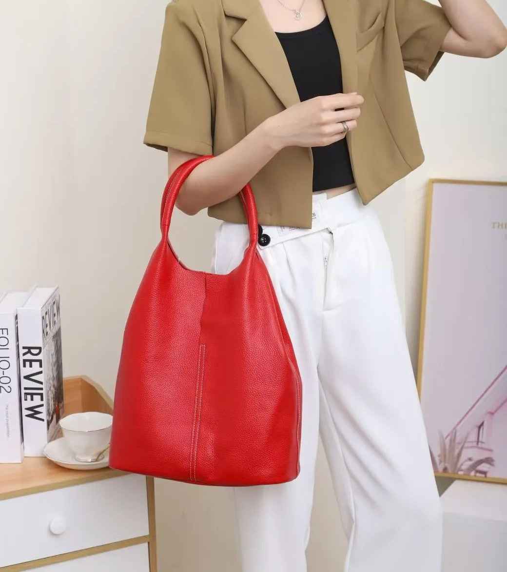Luxury Genuine Leather Tote Bag for Women – Soft Cowhide Designer Shoulder Bucket Handbag Large Commuter Tote