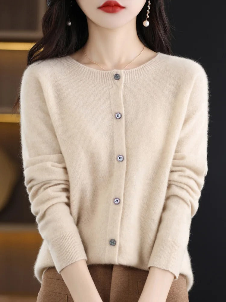 Women’s 100% Merino Wool O‑Neck Cardigan – High‑End Button‑Front Knit, All‑Season Versatile Layer
