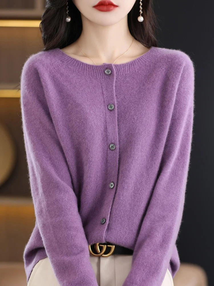 Women’s 100% Merino Wool O‑Neck Cardigan – High‑End Button‑Front Knit, All‑Season Versatile Layer