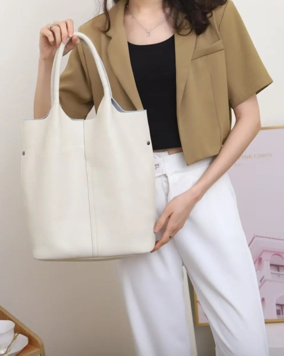Luxury Genuine Leather Tote Bag for Women – Soft Cowhide Designer Shoulder Bucket Handbag Large Commuter Tote
