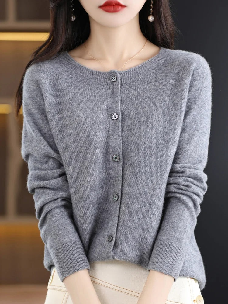 Women’s 100% Merino Wool O‑Neck Cardigan – High‑End Button‑Front Knit, All‑Season Versatile Layer